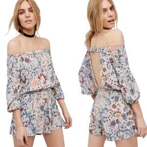 Free People Pretty and Free Romper Off Shoulder Floral Patterned Grey Blue Sz M